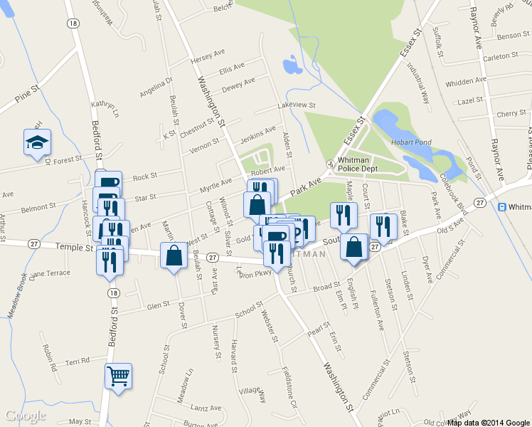 map of restaurants, bars, coffee shops, grocery stores, and more near 642 Washington St in Whitman