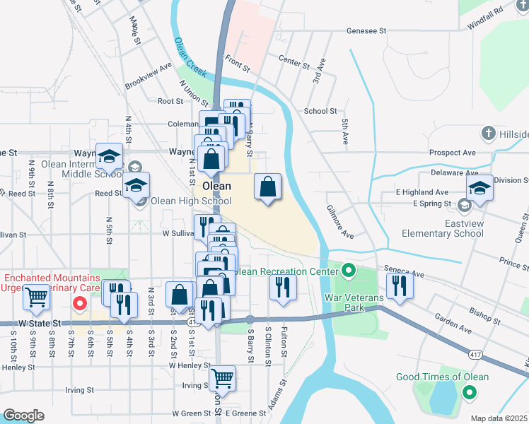 map of restaurants, bars, coffee shops, grocery stores, and more near 400 North Union Street in Olean