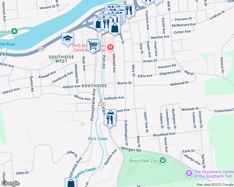 map of restaurants, bars, coffee shops, grocery stores, and more near 93 Mitchell Avenue in Binghamton