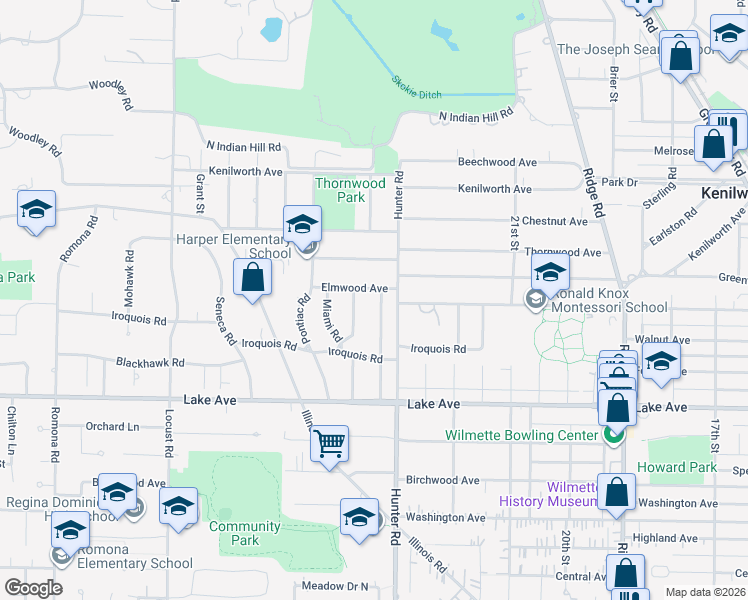 map of restaurants, bars, coffee shops, grocery stores, and more near 1051 Cherokee Road in Wilmette