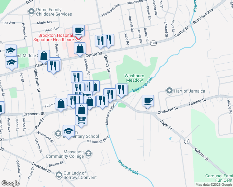 map of restaurants, bars, coffee shops, grocery stores, and more near 383 Quincy Street in Brockton