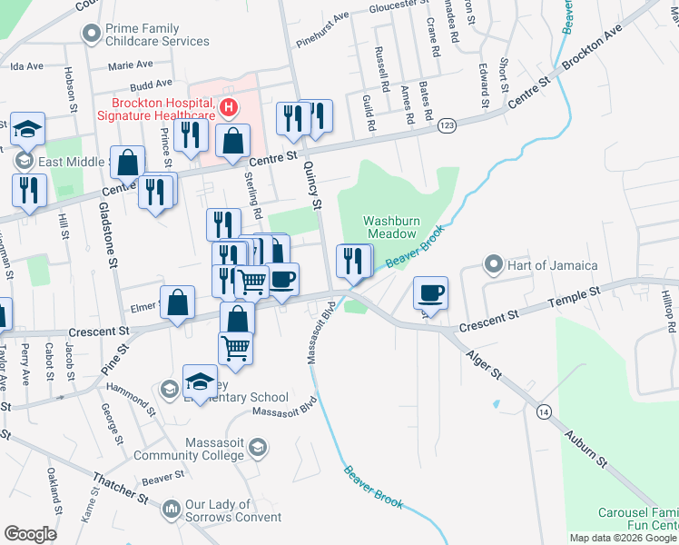 map of restaurants, bars, coffee shops, grocery stores, and more near 383 Quincy Street in Brockton