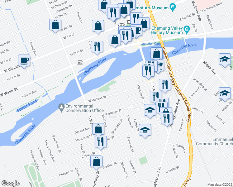 map of restaurants, bars, coffee shops, grocery stores, and more near 352 West Hudson Street in Elmira