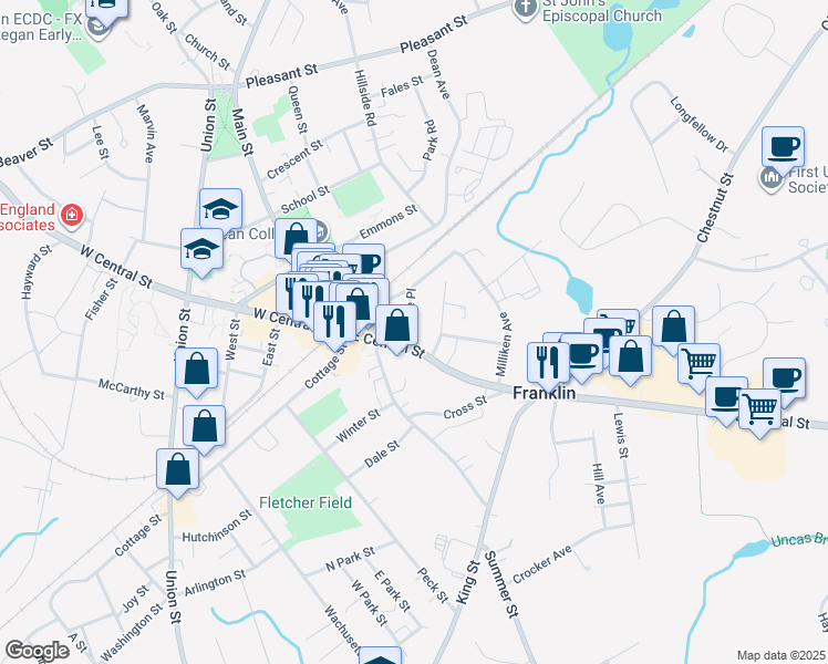 map of restaurants, bars, coffee shops, grocery stores, and more near 9 Alpine Place in Franklin