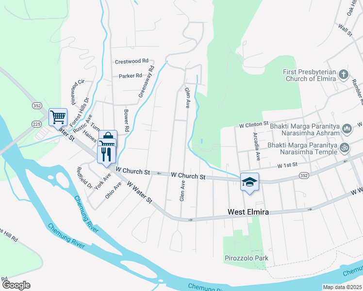 map of restaurants, bars, coffee shops, grocery stores, and more near 321 Glen Avenue in Elmira