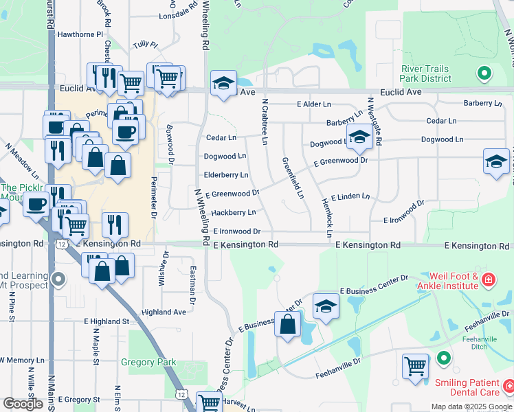 map of restaurants, bars, coffee shops, grocery stores, and more near 710 Hackberry Lane in Mount Prospect