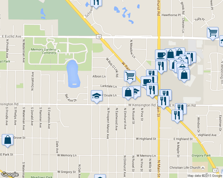 map of restaurants, bars, coffee shops, grocery stores, and more near 423 Larkdale Lane in Mount Prospect