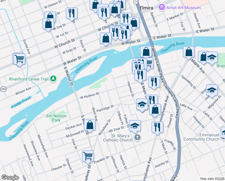 map of restaurants, bars, coffee shops, grocery stores, and more near 307 West Hudson Street in Elmira