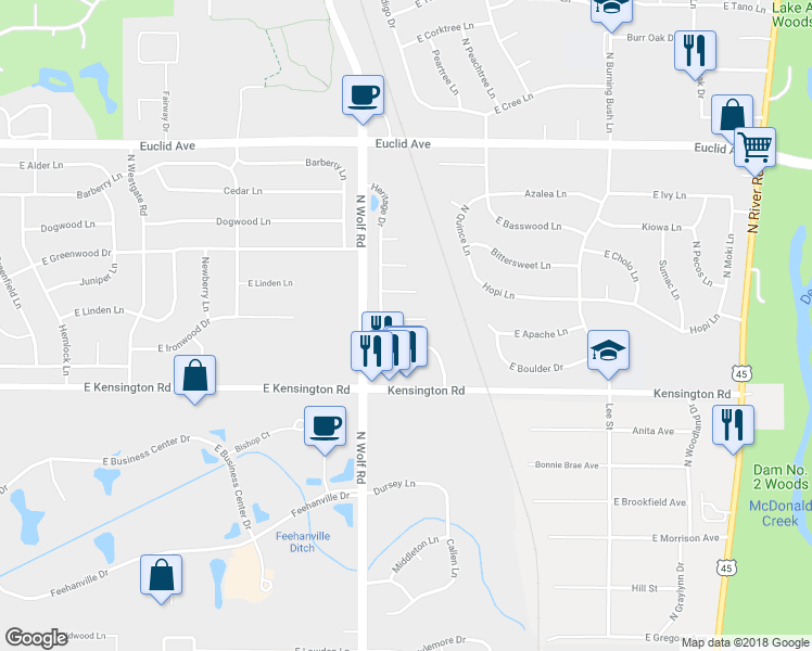 map of restaurants, bars, coffee shops, grocery stores, and more near 1707 Freedom Court in Mount Prospect
