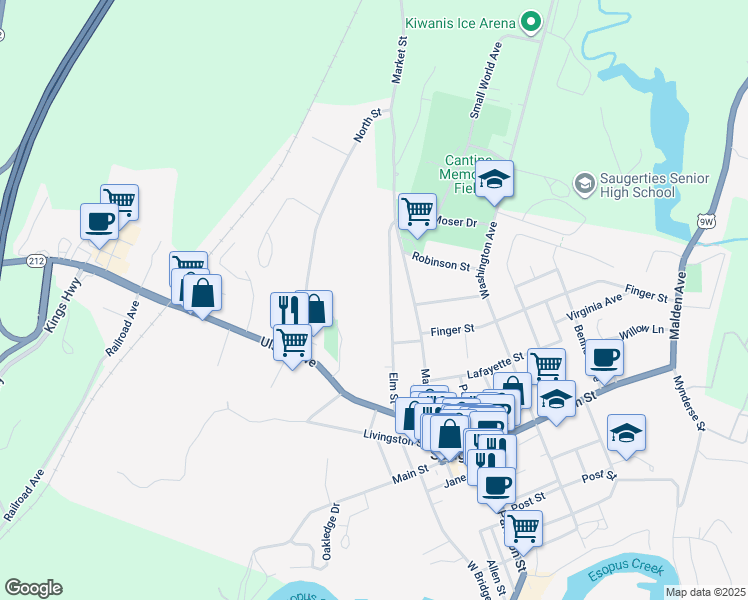 map of restaurants, bars, coffee shops, grocery stores, and more near 106 Elm Street in Saugerties