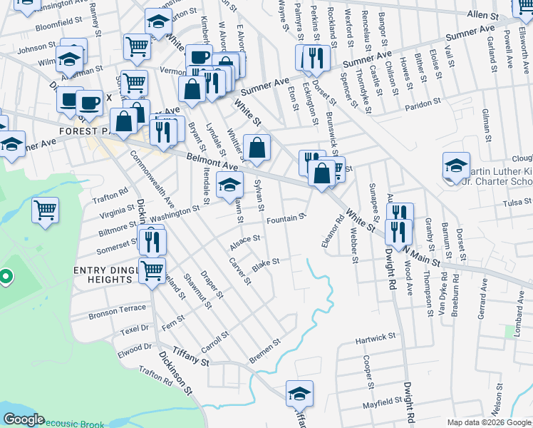 map of restaurants, bars, coffee shops, grocery stores, and more near 67 Sylvan Street in Springfield