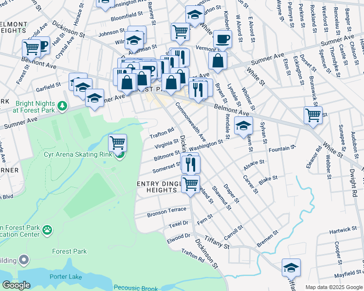 map of restaurants, bars, coffee shops, grocery stores, and more near 580 Dickinson Street in Springfield