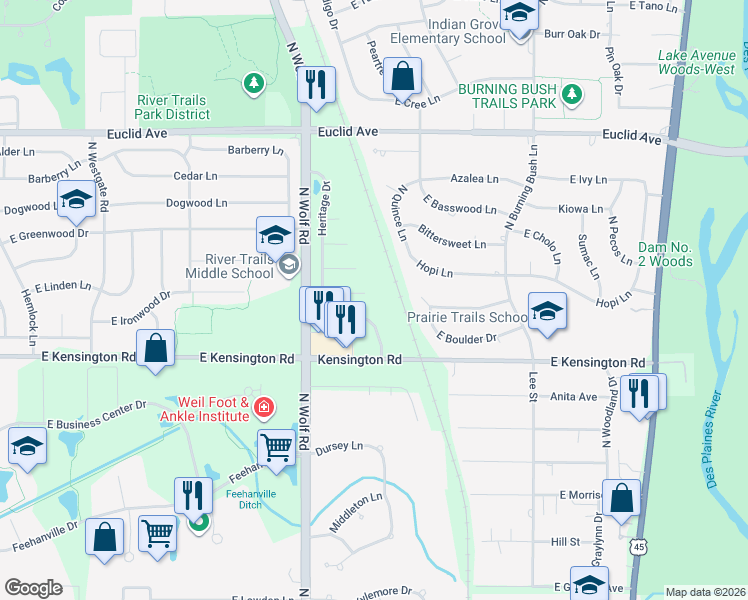 map of restaurants, bars, coffee shops, grocery stores, and more near 1715 Freedom Court in Mount Prospect
