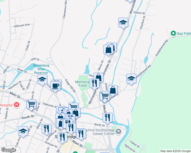 map of restaurants, bars, coffee shops, grocery stores, and more near 3 Moon Street in Southbridge