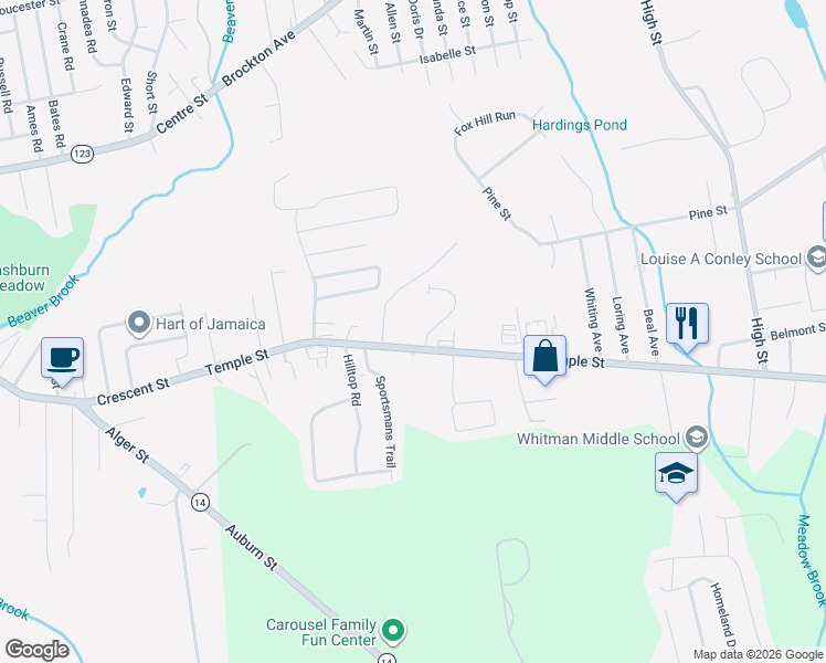 map of restaurants, bars, coffee shops, grocery stores, and more near 855 Temple Street in Whitman