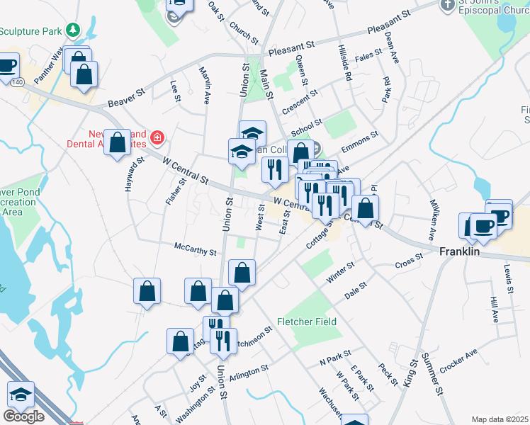 map of restaurants, bars, coffee shops, grocery stores, and more near 15 West Street in Franklin