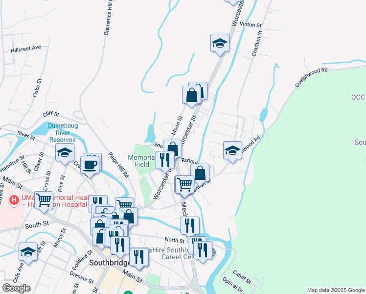 map of restaurants, bars, coffee shops, grocery stores, and more near 170 Worcester Street in Southbridge