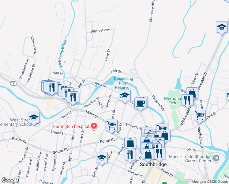 map of restaurants, bars, coffee shops, grocery stores, and more near 37 River Street in Southbridge