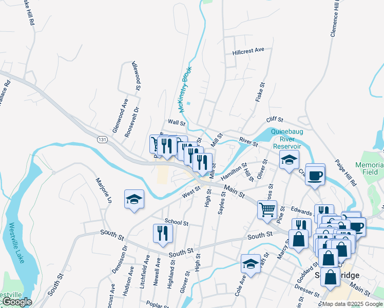 map of restaurants, bars, coffee shops, grocery stores, and more near 908 Main Street in Southbridge