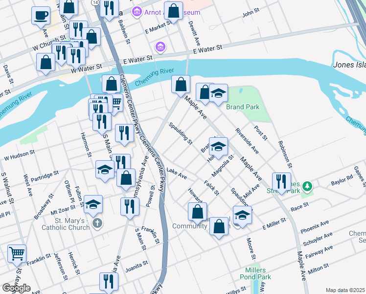 map of restaurants, bars, coffee shops, grocery stores, and more near 271 Caldwell Ave in Elmira