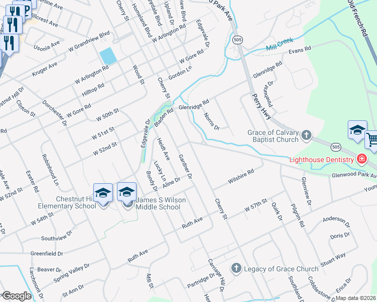 map of restaurants, bars, coffee shops, grocery stores, and more near 5403 Gardner Drive in Erie