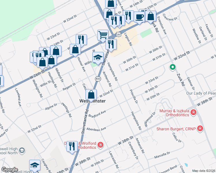 map of restaurants, bars, coffee shops, grocery stores, and more near 3103 Greeley Avenue in Erie