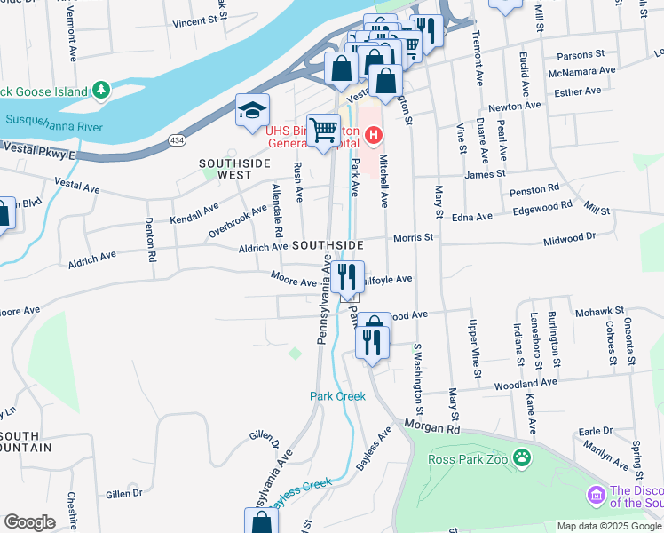 map of restaurants, bars, coffee shops, grocery stores, and more near 109 Pennsylvania Ave in Binghamton