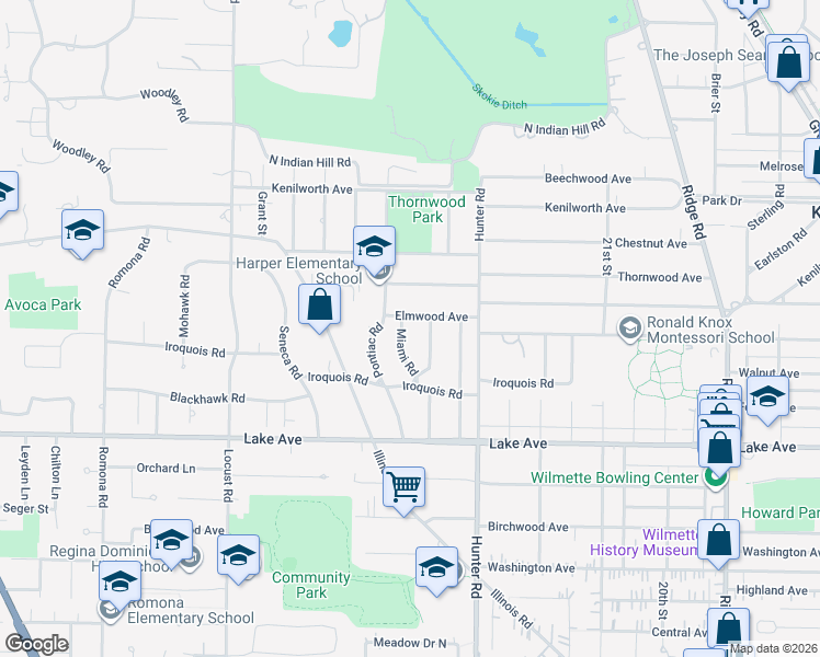 map of restaurants, bars, coffee shops, grocery stores, and more near 1050 Miami Road in Wilmette