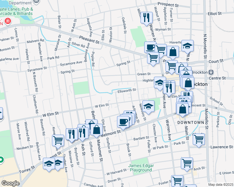 map of restaurants, bars, coffee shops, grocery stores, and more near 4 Carleton Street in Brockton