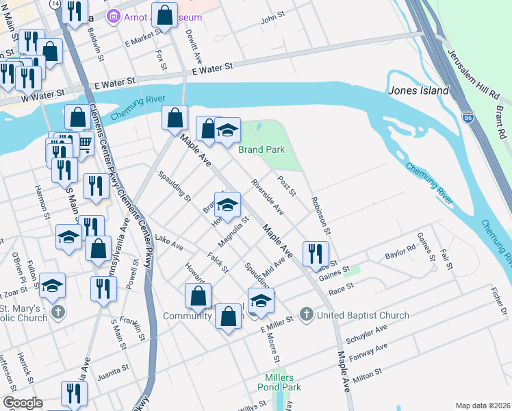 map of restaurants, bars, coffee shops, grocery stores, and more near 559 Maple Avenue in Elmira