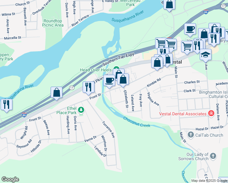 map of restaurants, bars, coffee shops, grocery stores, and more near 425 Front Street in Vestal