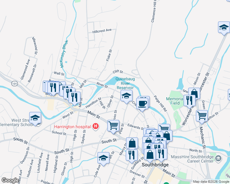 map of restaurants, bars, coffee shops, grocery stores, and more near 37 River Street in Southbridge