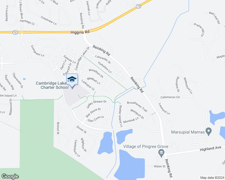 map of restaurants, bars, coffee shops, grocery stores, and more near 1034 Larkspur Court in Pingree Grove