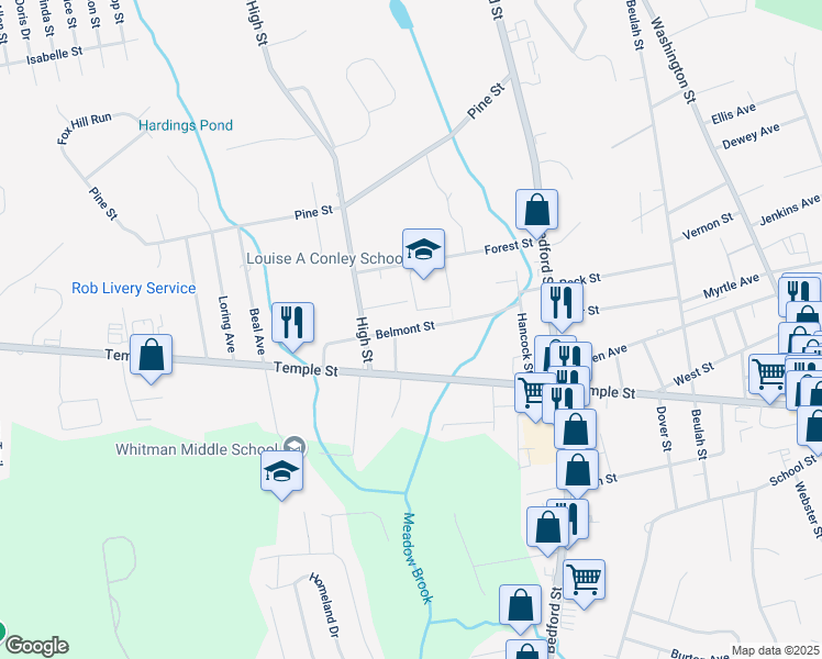 map of restaurants, bars, coffee shops, grocery stores, and more near 50 Belmont Street in Whitman