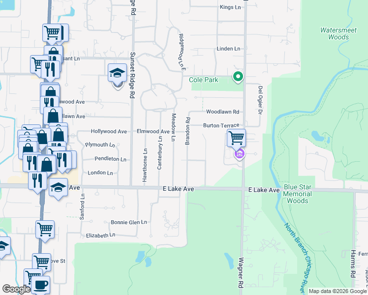 map of restaurants, bars, coffee shops, grocery stores, and more near 1540 Brandon Road in Glenview