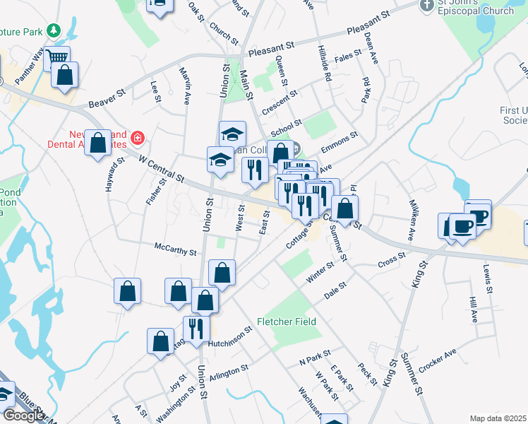 map of restaurants, bars, coffee shops, grocery stores, and more near 11 East Street in Franklin