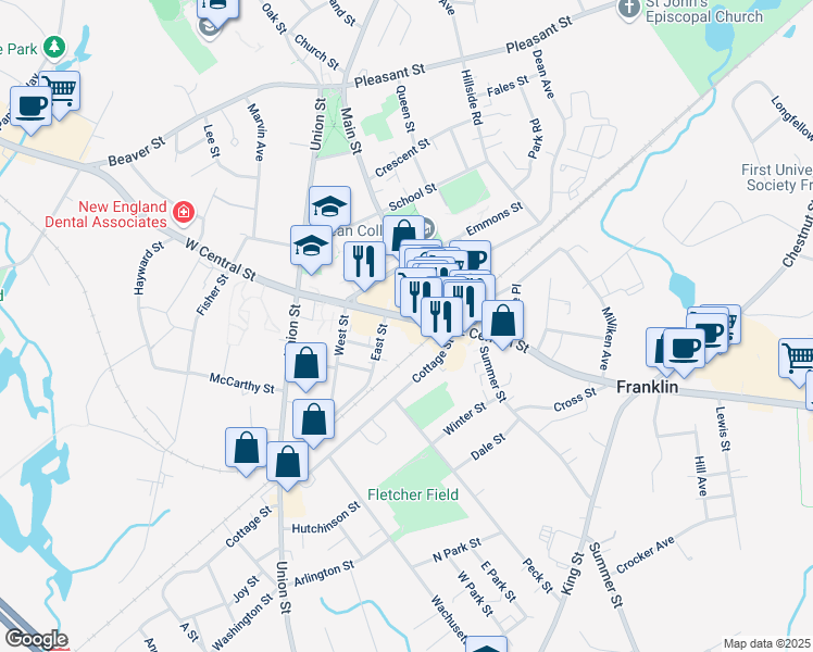 map of restaurants, bars, coffee shops, grocery stores, and more near 28 West Central Street in Franklin