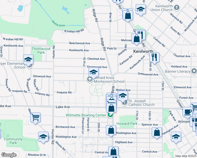map of restaurants, bars, coffee shops, grocery stores, and more near 1960 Elmwood Avenue in Wilmette