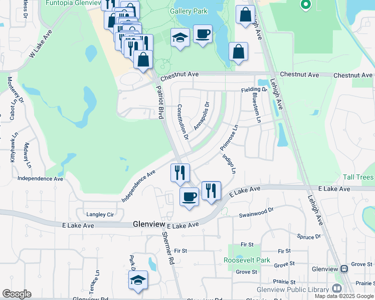 map of restaurants, bars, coffee shops, grocery stores, and more near 1518 Constitution Drive in Glenview