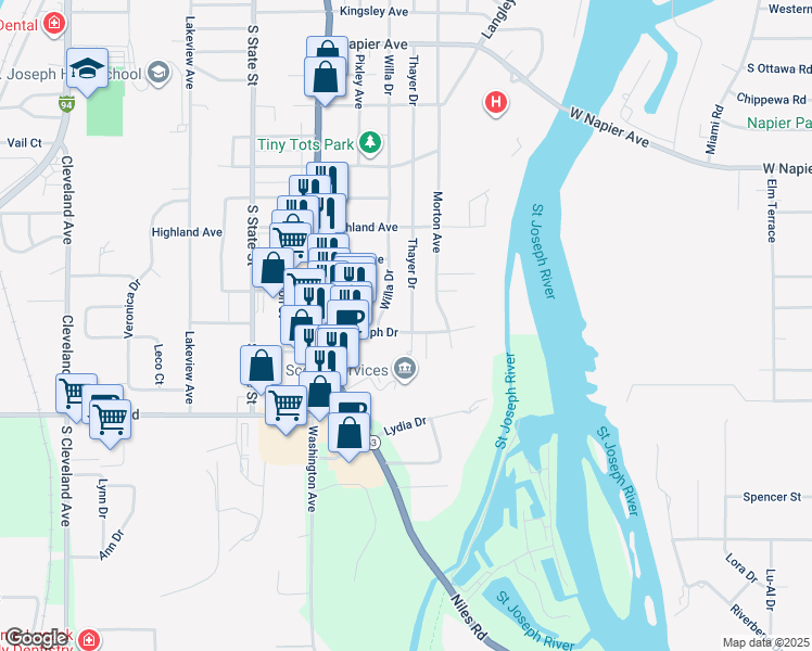 map of restaurants, bars, coffee shops, grocery stores, and more near 905 Saint Joseph Drive in Saint Joseph
