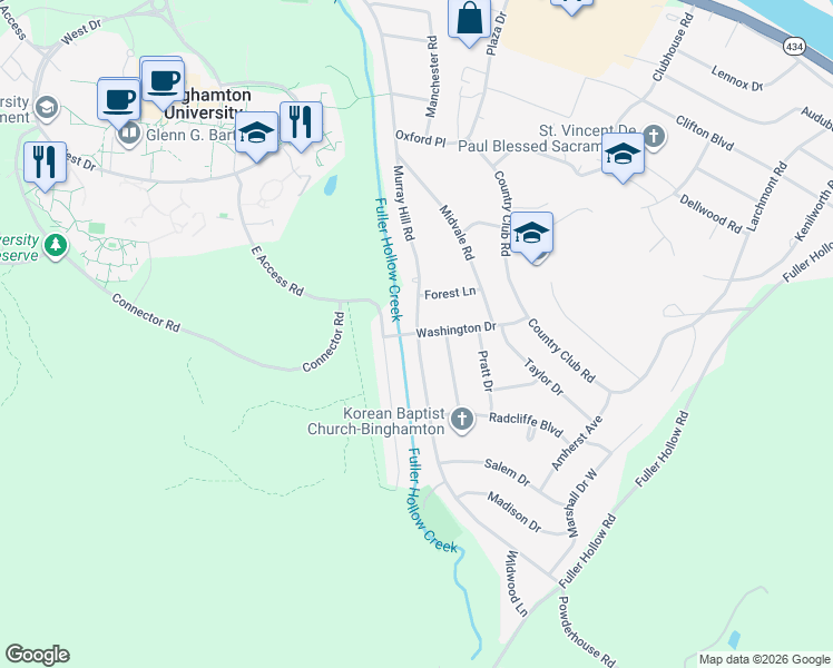 map of restaurants, bars, coffee shops, grocery stores, and more near 4498 Washington Drive in Vestal