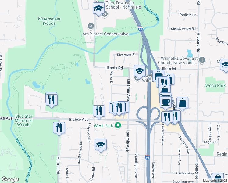 map of restaurants, bars, coffee shops, grocery stores, and more near 1030 Manor Dr in Wilmette