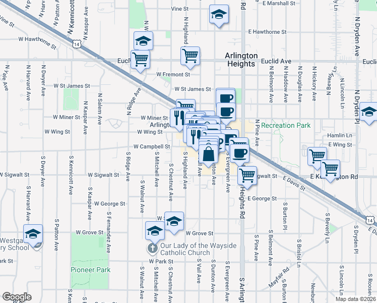 map of restaurants, bars, coffee shops, grocery stores, and more near 1 South Highland Avenue in Arlington Heights