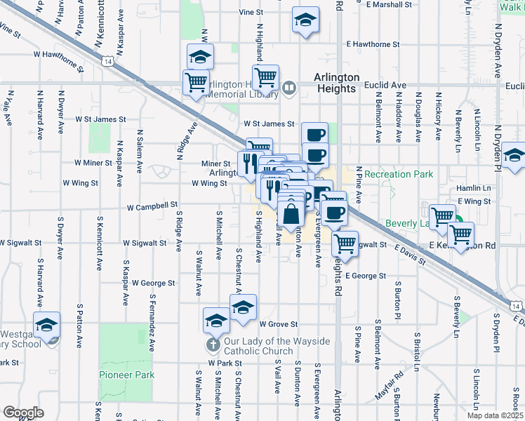 map of restaurants, bars, coffee shops, grocery stores, and more near 7 South Highland Avenue in Arlington Heights