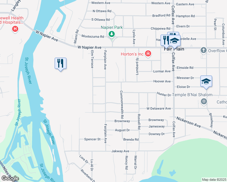 map of restaurants, bars, coffee shops, grocery stores, and more near 1901 Fairplain Avenue in Benton Harbor