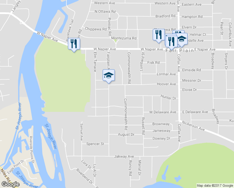 map of restaurants, bars, coffee shops, grocery stores, and more near 1901 Fairplain Avenue in Benton Harbor
