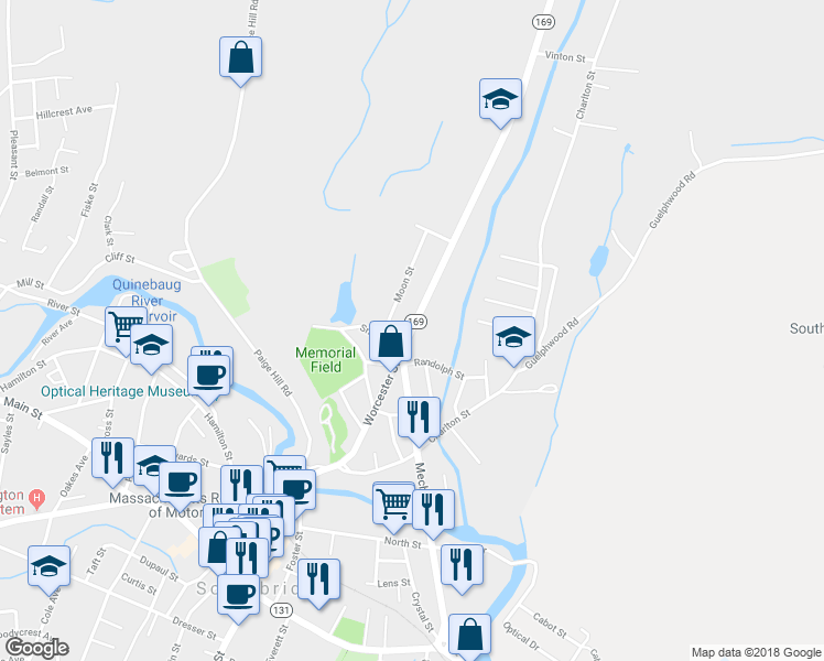 map of restaurants, bars, coffee shops, grocery stores, and more near 146 Worcester Street in Southbridge