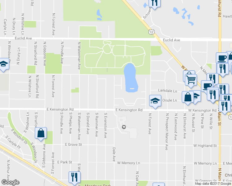 map of restaurants, bars, coffee shops, grocery stores, and more near 11 North Regency Drive West in Arlington Heights