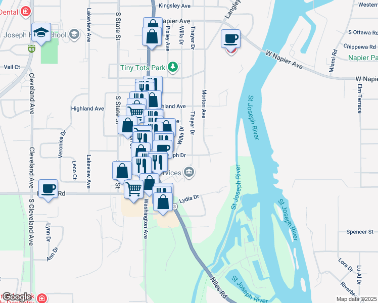map of restaurants, bars, coffee shops, grocery stores, and more near 905 Saint Joseph Drive in St. Joseph