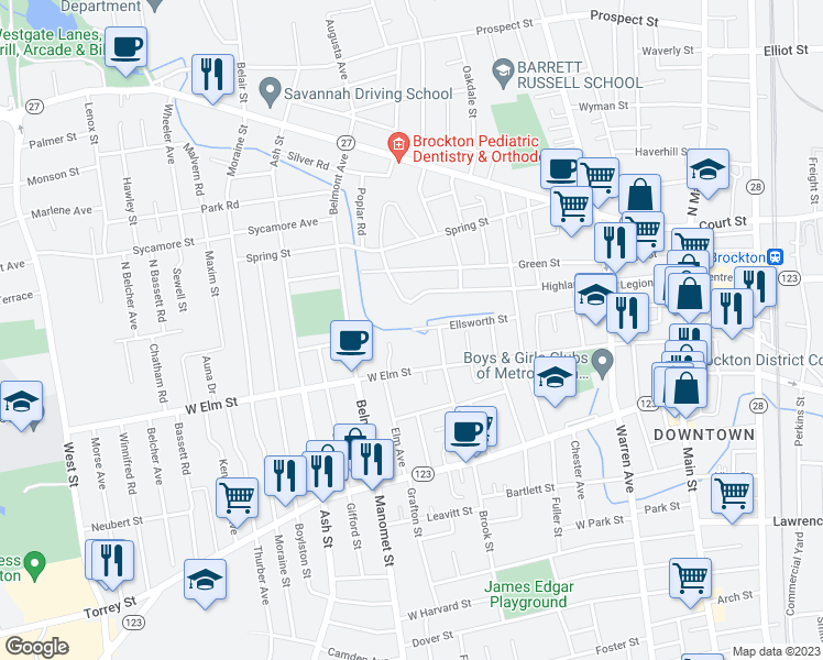 map of restaurants, bars, coffee shops, grocery stores, and more near 98 Ellsworth Street in Brockton